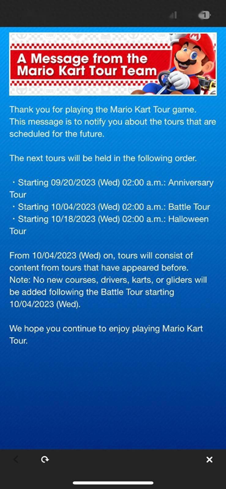 任天堂宣布停止为《马里奥赛车巡回赛》手游更新内容